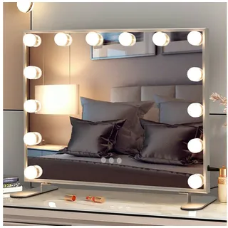 Costway PUKANIUM Hollywood Schminkspiegel mit Beleuchtung, 50 x 40 cm Tischspiegel mit 14 dimmbaren LED-Lampen, 3 Lichtfarben, Touch-Steuerung, Memory-Funktion, 10-Fach Vergrößerung, Weiß
