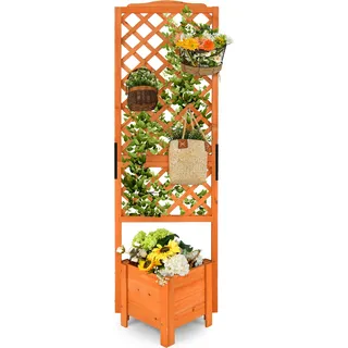 COSTWAY Blumenkasten Hochbeet mit Rankgitter, Spalier & Drainageloch, Pflanzkasten Blumenkübel für Rankkasten, Kletterpflanzen Holz Orange - Orange