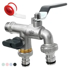 SHYNE Premium 1/2 Zoll Doppel-Wasserhahn aus Messing rost-, und frostsicher + 2X Gratis Schlauchanschlüsse + PTFE Band + Ebook | für Garten, Waschmaschine, Regentonne (2er Pack)