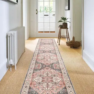Carvapet Läufer Teppich 60x300cm rutschfest Lang Teppichläufer Waschbar Mikrofaser Vintage Medaillon Rosa Teppich Flächenteppich Laufteppich