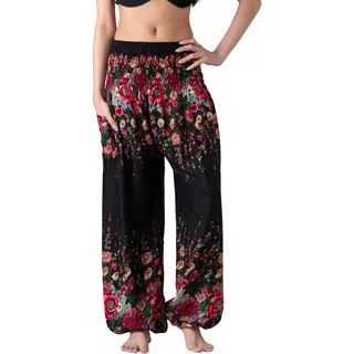 B BANGKOK PANTS Haremshose Schlaghose Damen Yoga Boho Kleidung mit Taschen, Black floral, Einheitsgröße
