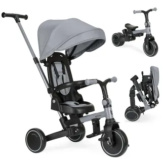 KIKKABOO Dreirad ab 1 Jahr mit Schubstange 8-in-1 ALUMA, Faltbares Kinderfahrzeug mit Drehbarem Sitz, 5-Punkt-Gurt, Aluminiumrahmen, Grau