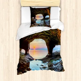 ABAKUHAUS Natur Bettbezug Set für Einzelbetten, Große Grotte am Meer, Milbensicher Allergiker geeignet mit Kissenbezug, Grün blau - Grün