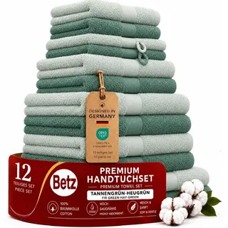 Betz Premium Handtuch-Set 12-teilig – 100% Baumwolle – Oeko-TEX® Zertifiziert – 470 g/m2 – 2 Duschtücher, 4 Handtücher, 2 Gästetücher, 2 Seiftücher & 2 Waschhandschuhe - Farbe heugrün/tannengrün