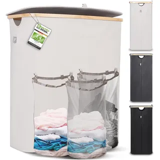 Hennez Wäschebox 150L - Wäschekorb 3 Fächer - Deckel - Wäschesortierer mit Wäschesack - Laundry Baskets - beige Bambus - Wäschetonne - Wäsche Sortiersystem - Wäschesammler