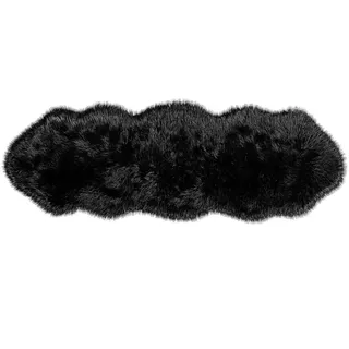 Teppich Wölkchen – Flauschiger Hochflor-Teppich Schlafzimmer - Schaffell Kunstfell Lammfell - Bettvorleger & Tisch-Läufer - weicher Fellteppich - Schwarz - 55x160cm