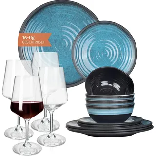 Melamin Camping Geschirr Set 4 Personen Stone Blue + 4 Milano Rotwein Gläser Rot Weingläser Tafelgeschirr Picknick BBQ Kochgeschirr - Blau, Rot