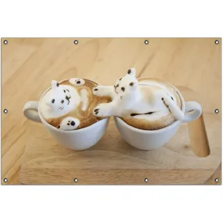 Wallario Outdoor-Poster für Garten oder Balkon, Motiv Süße Milchschaum Katzen auf Kaffee, in ca. 100 x 150 cm - Braun