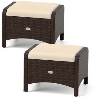 FANTASK 2X Gartenhocker mit Kissen Sitzhocker Fußhocker, Gartenmöbel Outdoor Rattanhocker, Rattanhocker wetterfest, Sitzhocker Terrasse für Garten, Balkon, Terrasse (Beige)