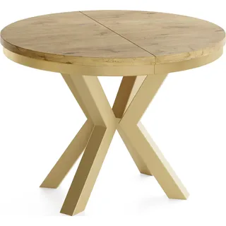 Runder Ausziehbarer Esstisch im Loft-Stil - Industrieller Tisch mit Goldenen Metallbeinen - Platzsparender Tisch für Wohnzimmer - Lancelot Eiche - 120 bis 200 cm - Braun