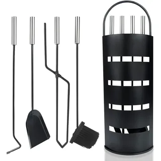 Aufun Kaminbesteck Edelstahl 5-teilig Modern Kamin Zubehör Set für Kamin | Schwarz Kaminzubehör Kamingarnitur inkl. Besen, Schaufel, Schürhaken, Zange und Ständer mit Sichtschutz