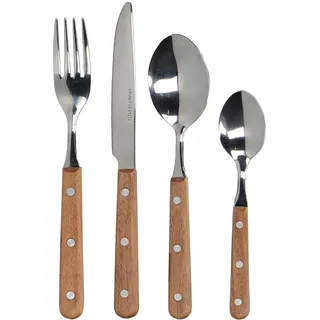 MIKASA 16-teiliges Besteckset, Edelstahlbesteck mit Holzgriffen, poliertes Silberbesteck, Tafelgabeln, Tafelmesser, Dessertlöffel und Teelöffel, Kollektion Drift, 1 Set