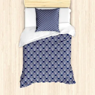 ABAKUHAUS Navy blau Bettbezug Set, Abstrakter Blumendamast mit antikem viktorianischem Design-Renaissance Flourish, 135 x 200 cm + 80 x 80 cm, Dunkelblau Weiß