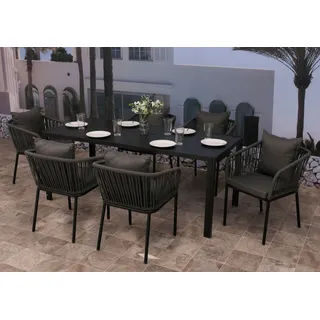 Gartengarnitur HWC-N41, Tisch+6xStuhl, wetterfest Alu 180x80cm, Seilgeflecht Rope anthrazit, Kissen dunkelgrau - Grau