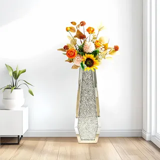 Artloge Bodenvase Groß 68 cm hoch, Standvase Silber Kristall für Pampasgras | Blumenvase mit Spiegelglas & Kristall-Diamanten, Dekovase für Trockenblumen, Wohnzimmer & Flur, nicht für Wasser geeignet