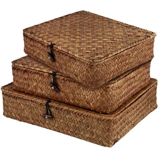 SINJEUN 3er Set Kaffeebraun Aufbewahrungskorb mit Deckel, 2 Größen Regalkorb Seegras, geflochtene Seegraskörbe für Wohnzimmer, Bad, Küche, 28 x 24 x 6.5cm, 32 x 28 x 7cm