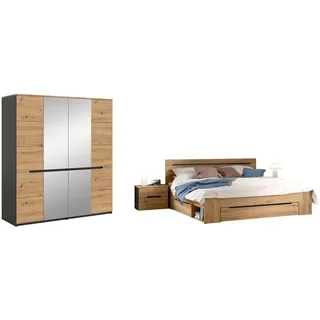 Inn.Furn Schlafzimmer Set 4-teilig Eiche Artisan, grau, Komplettset mit Kleiderschrank, Bett und 2x Nachttisch , Eiche Artisan, Grau , Holzwerkstoff , Nachbildung,Eiche , Holz Optik , 7 Schubladen , einzeln stellbar , FSC Mix , Schlafzimmer, Betten