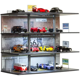 NUEIOVRW 1:64 Diorama Garage Modell, LED Beleuchtung Vierstöckiges Parkhaus Szene Display Case, für 1:64 Diecast Modellautos Display, Modellautos Vitrine, Gebäudemodell (C)