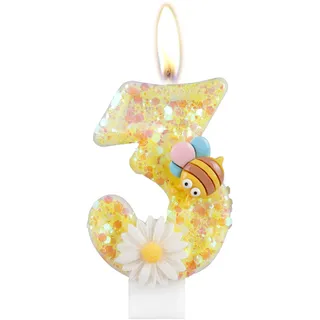 Blume Geburtstagskerzen, Zahl 3 Kerzen mit Biene für Kuchen, Mädchen 3. Geburtstag Dekorationen, Gelb Glitzer Geburtstagskerzen, Honigbienenkuchenkerzen Toppers für Mädchen Baby Geburtstag Party