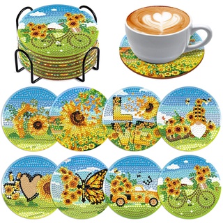 Souarts Blumen Diamond Painting Untersetzer mit Halter, 8PCS DIY Diamant Painting Coasters Sonnenblume Basteln Erwachsene Kinder für Glas Tassen Vasen Kerzen Getränke (Blau Grün)