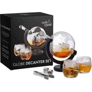 Oak & Steel - XL Premium Globus Whisky Dekanter Set mit Weltkarte, 1500ml - Karaffe mit 2 Gläser, 4 Whiskey Steine & Mehr - Geschenkset für Weihnachten