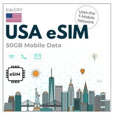 travSIM USA eSIM | T-Mobile Netzwerk | 50GB Mobile Daten bei 4G/5G Geschwindigkeiten | eSIM für USA bietet unbegrenzte Nationale Anrufe & SMS | USA eSIM 7 Tage