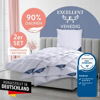Excellent Daunenbettdecke + 3-Kammer-Kopfkissen "Venedig, 2-tlg, hergestellt in Deutschland, verschiedene Größen", Decke mit Kissen,Set, Sommer, Winter, Bettdecke 135x200 cm, 155x220 cm, weiß,