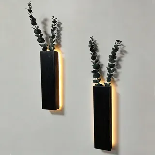 2 Stück Holz Wandvase mit LED Lichtern für Zimmerpflanzen, Künstlicher Eukalyptus Wandpflanzgefäße Fake Vines Wand Pflanzgefäße für Wohnzimmer, Badezimmer, Dekorationen Wanddeko Grünpflanzen (Black)