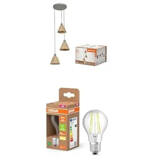 LEDVANCE Bundle Pendelleuchte 3-flammig Decor Raffia Plate grün aus Bast & Metall, 430 mm Durchmesser inkl. 6-Pack OSRAM LED Filament Lampe E27, in klassischer Kolbenform, EEK A, 60W-Ersatz, 2700K
