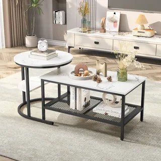 2er Set Couchtisch, Wohnzimmertisch, Couchtisch mit Stahlgestell und Ablagen, Industrie-Design, Skandinavischer Stil, Einfache Aufbau, Sofatisch aus Holz, Beistelltisch