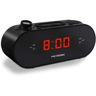 Metronic 477039 FM-Radiowecker, Projektion, doppelter Alarm, mit Sleep/Snooze-Funktion, einstellbare Helligkeit und Batterien zur Speicherung der Uhrzeit, Schwarz