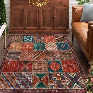 REDTAPISE Waschbare Teppich Mehrfarbig Quadratisch 160 x 160 cm, Rot Grün Deko Wohnzimmer Schlafzimmer Home Office teppiche schutzmatten Vintage Carpet Decor Aesthetic