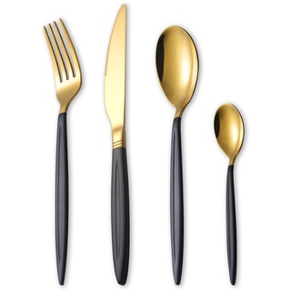 HOMQUEN 24-Teiliges Schwarzgold-Besteckset, Edelstahl-Besteckset, Titangoldlöffel und Sprühfarbengriff-Besteckset, Service-Set für 6 Personen (Mattschwarz mit Glänzendem Gold)