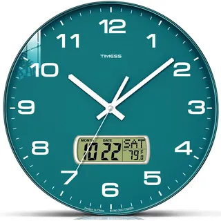 TIMESS Wanduhr, 33 cm großes Zifferblatt, Nicht tickend, leise, batteriebetrieben, analog, mit LCD-Display für ewigen Kalender und F°-Temperatur, ideale Moderne Dekoration für Zuhause, Büro (grün)