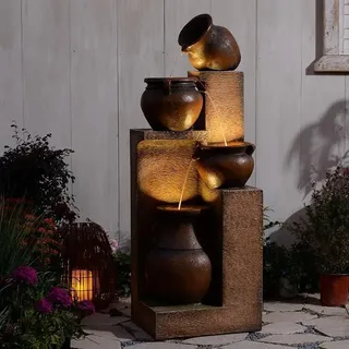 Springbrunnen für Außen Großer Gartenbrunnen mit LED Beleuchtung, 4-Stufiger brunnen mit kaskadenförmigen Schalen für Draussen Garten, Terrasse, Hinterhof, Veranda, 134x46x37, Gold - Schwarz