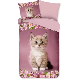 Guten Morgen KinderBettbezug "Kätzchen Katze mit Blumen" - Rosa - (140x200/220 cm) - Baumwolle - Rosa