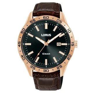 Herren Sportuhr RH954QX9 Quarzwerk Rundes Gehäuse Lederarmband Schwarz Schnallenverschluss - Braun