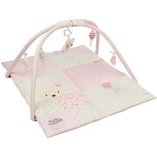 Sterntaler Spielbogen Bär Betty, Spielbogen mit Patchwork-Design, Stickmotive, Beißring, Spiegel, Rassel, Quietsche und Knisterpapier, abnehmbarer Bogen und Spielteile, wattiert, 100×80×3 cm, rosa