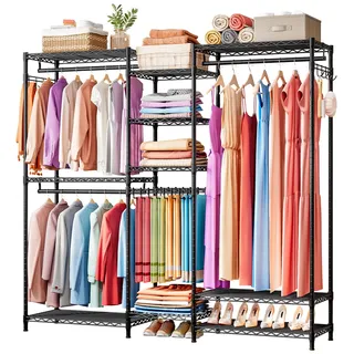 KZOBYD Kleiderständer mit Hosenbügeln, Kleiderstange mit höhenverstellbaren Ablagen, Schwerlast Garderobe, Metall Garderobenständer, Kleiderbügel, Kleiderschrank mit Haken, 187 x 44 x 193 cm