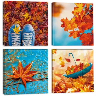 Ohok Premium Leinwandbilder Kunstdruck Bilder 30x30cm, Leinwanddruck Bilder 4er-Set Wandkunst Dekor Bild mit Holzrahmen Wandbilder für Schlafzimmer Büro Home Dekorationen (Ahornblätter A)