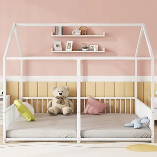 Haus-Hochbett 90x200 cm – Kinderbett in Weiß, Eisenrahmen, Haus-Design, Geländer, Leiter, Doppelbett-Optik, 186x206x174,5 cm, für Kinderzimmer - Weiß