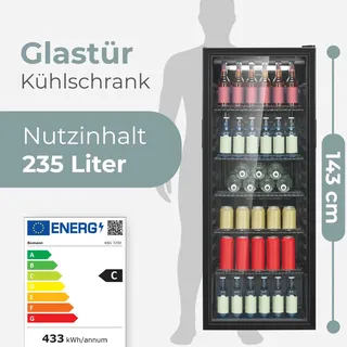 Bomann® Kühlschrank mit Glastür |  | 143cm | Getränkekühlschrank 2 - 12°C | MultiAirflow | Türanschlag wechselbar | KSG 7292 schwarz - Schwarz