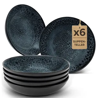 Twinzee Geschirrset 6-teilig aus Steinzeug - Teller Set 6 Tiefe Teller Granite für 6 Personen - Mikrowellen - Riviera Kollektion