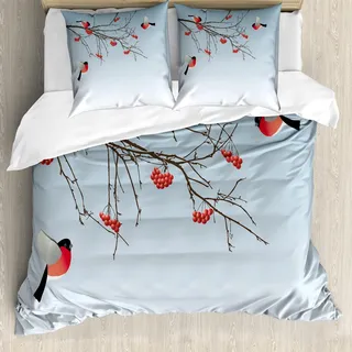 ABAKUHAUS Eberesche Bettbezug Set, Gimpel-Vögel, die und auf Niederlassungen Winter-Themed Graphic Design fliegen, 155 x 220 cm + 80 x 80 cm, Dunkelbraun Hellblau