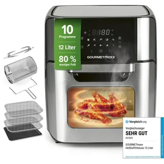 GOURMETmaxx Digitale Heißluftfritteuse 12 L, XXL-Edelstahl-Ofen | Airfryer + Timer, Touchdisplay, Drehspieß | fettarm, energiesparend frittieren | 10 Programme inkl. Pizza | 1800 W