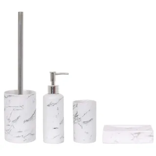MSV Badezimmer Set, 4-teiliges Badzubehör aus Keramik Toscana Seifenspender, WC Bürste, Seifenschale und Zahnputzbecher Weiß Marmor