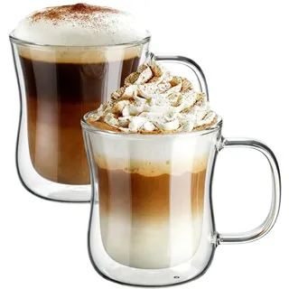 ecooe Doppelwandige Latte Macchiato Gläser Set Borosilikatglas Kaffeetassen Glas 2er Set 350ml Kaffeeglas Teegläser mit Henkel für Cappuccino,Tee,EIS,Milch,Bier