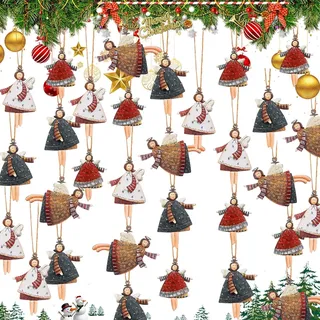LNSYSNS Weihnachts Engel Anhänger, 32 Stück Weihnachtsengel Anhänger, aus Holz Christbaumschmuck, 4 Designs Weihnachtshängedekoration, mit Einer Rolle Seil, für Weihnachten, Parties