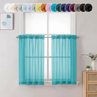 Chyhomenyc Durchsichtige türkisfarbene Stufenvorhänge, 61 cm Länge, kleine Fenstervorhänge, Behandlung für Badezimmer, Wohnzimmer, Keller, Kurze Stangentasche, Café-Vorhänge, 106 x 61 cm, 2 Paneele