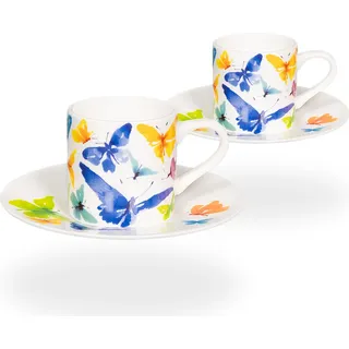 tea4chill Könitz Espresso Tassen Set Victoria Lowe - Butterfly. 2 Kaffeetassen 65ml aus Fine Bone China Porzellan. Espressotassen modern, bunt - Bunt